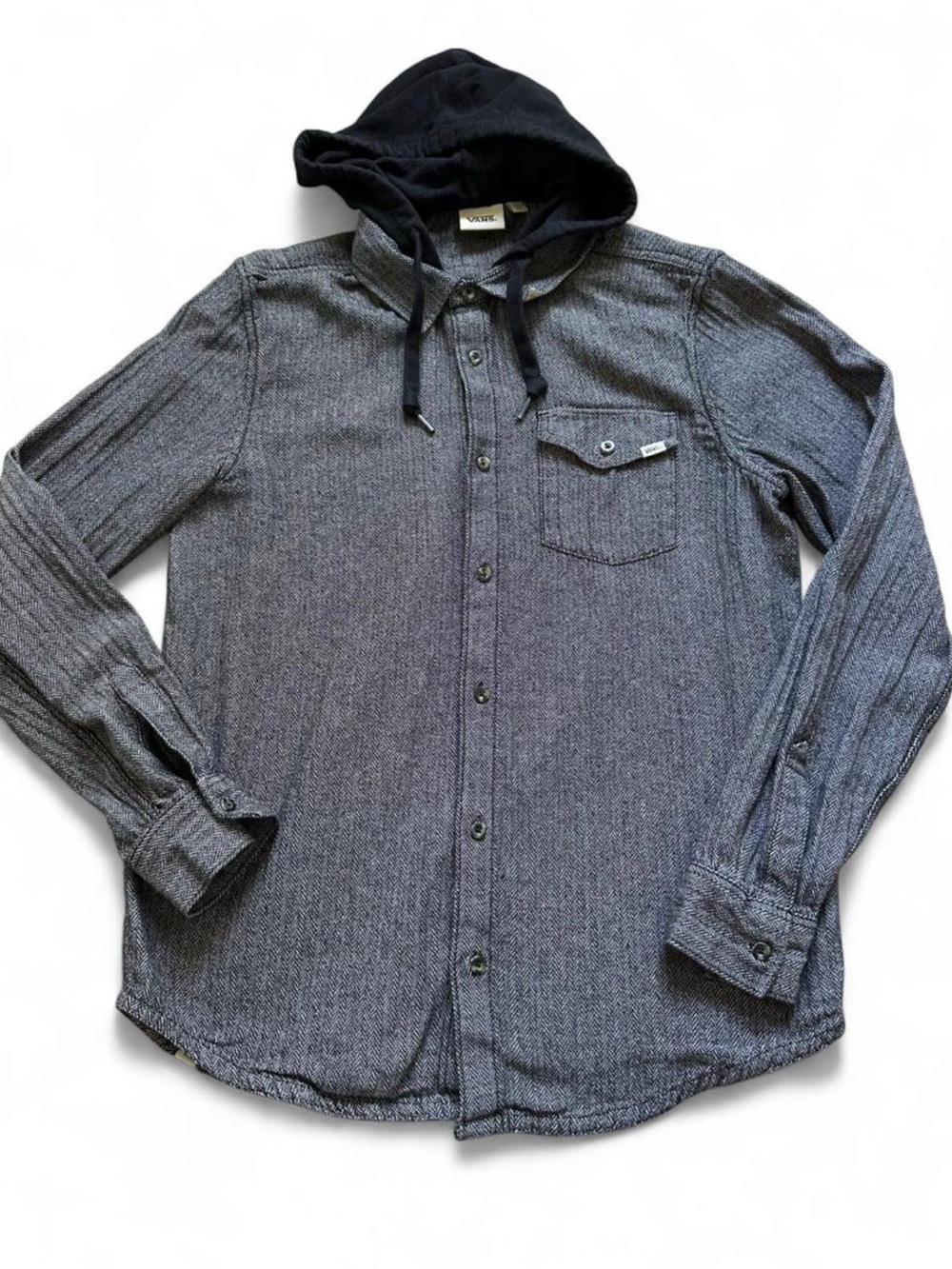 Vans Off The Wall Mens Gray Black Long Sleeve Button Up Hooded Shirt